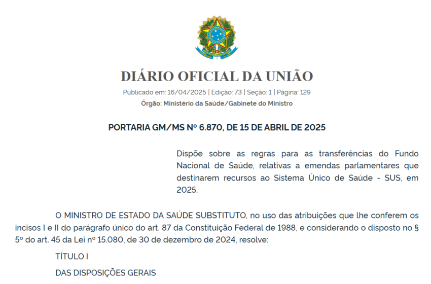  Nova portaria do Ministério da Saúde exige plano de trabalho detalhado para liberação de emendas parlamentares